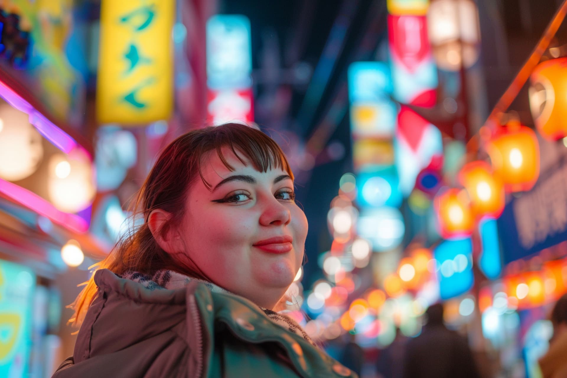 Viajante sorrindo entre as luzes de neon de uma cidade à noite