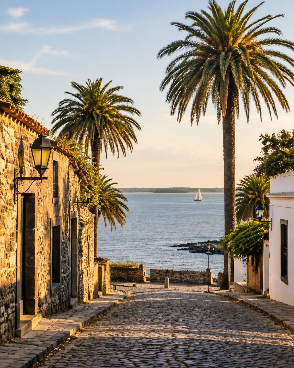 Rua de pedra em Colonia del Sacramento com vista para o mar