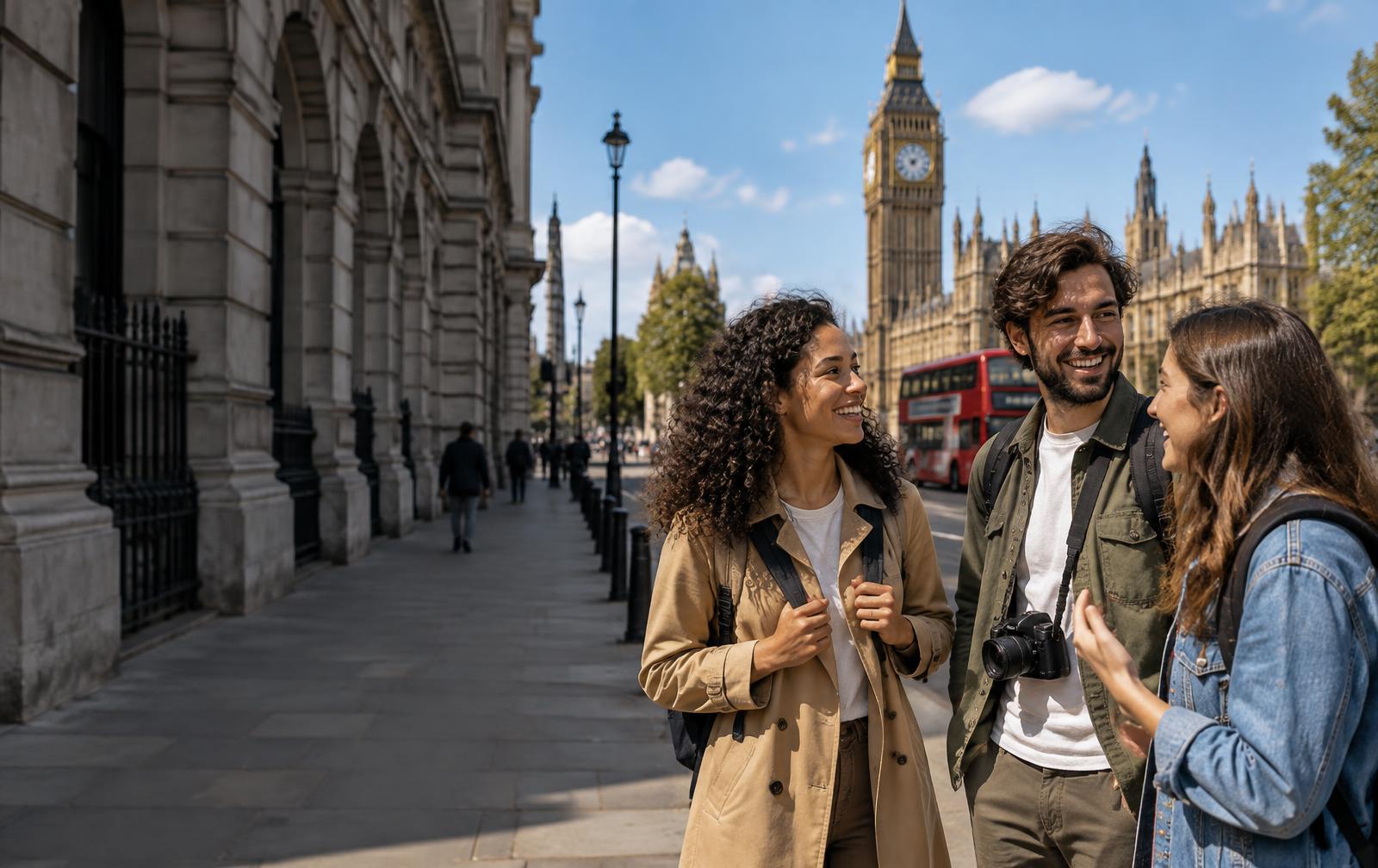 Viajantes de mochila conversando em uma rua ensolarada de Londres